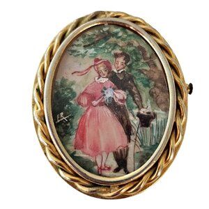 Gold Tone Vintage Romantic Couple Painting Cameo Brooch L56